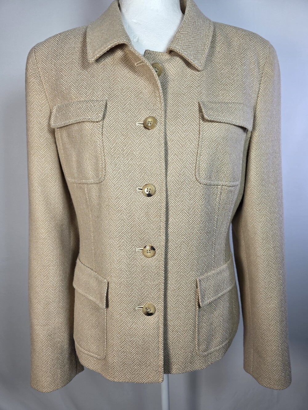 Louis Feraud Virgin Wool Utility‎ Jacket Blazer Beige Size 8